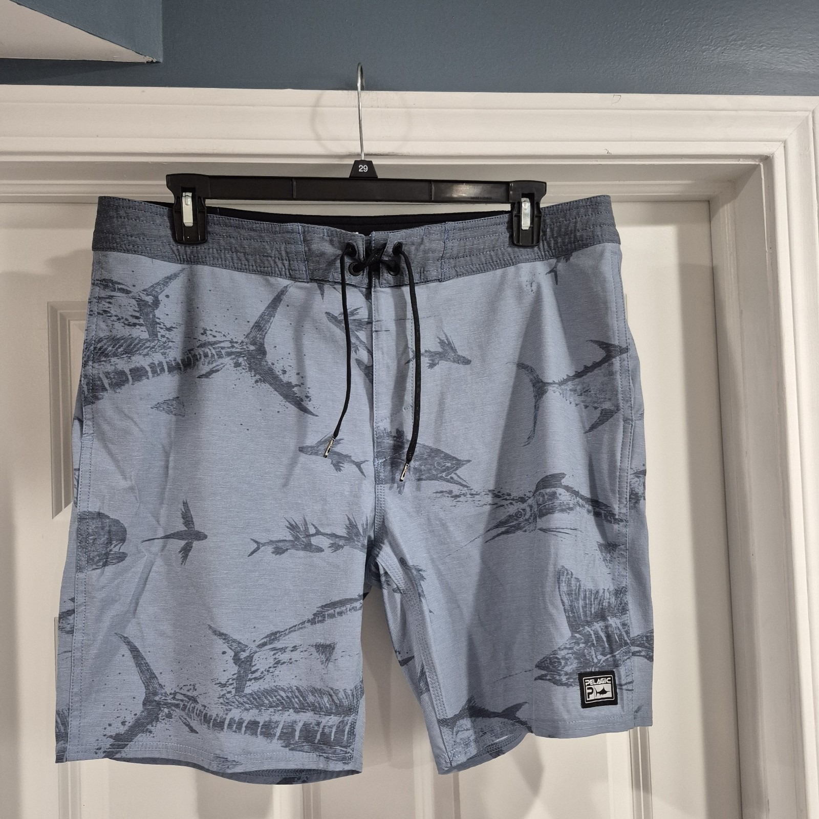 Pelagic Board Shorts Mens 36 Gray Blue Performance Fishing Swim Trunks Marlin